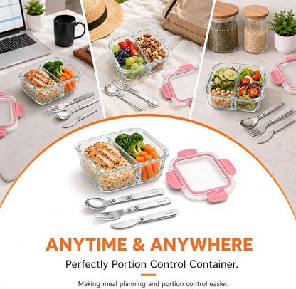 5 Pack Bariatric Meal Prep Containers, 8 oz Bariatric Bowls for Portion Control, Reusable Glass Snack Food Containers with Lids & Folding Spoon & Fork & Knife, Bariatric Must Haves (Pink)