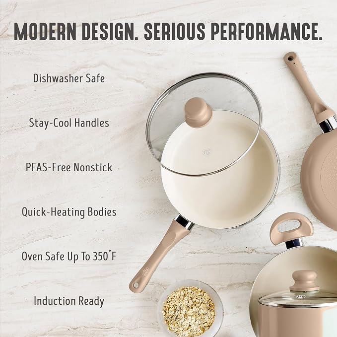 GreenLife 2 Quart Nonstick Saucepan with Lid, Non-Toxic Ceramic Pot, Dishwasher Safe, Stay-Cool Handle, Induction Ready, Fast Heating, PFAS Free, Easy Clean, Beige Taupe