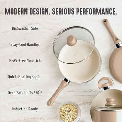 GreenLife 2 Quart Nonstick Saucepan with Lid, Non-Toxic Ceramic Pot, Dishwasher Safe, Stay-Cool Handle, Induction Ready, Fast Heating, PFAS Free, Easy Clean, Beige Taupe
