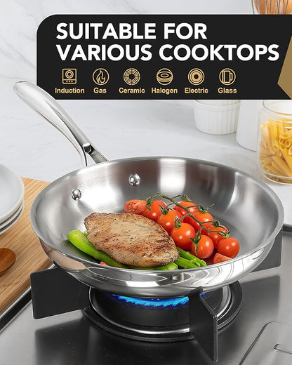 MICHELANGELO Stainless Steel Frying Pan Set with Lid, 8" 10" Cooking Pan set with Triply Base, Stainless Steel Skillet with Ergonomic Handle, Induction Compatible