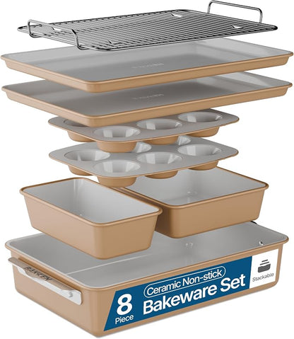Bakken 8-Piece Stackable Bakeware Set – Ceramic Non-Stick, Oven-Safe Baking Sheets & Pans, PTFE/PFOA/PFOS-Free, Ergonomic Handles, Includes Cooling Rack – Healthy, Non-Toxic Baking Essentials