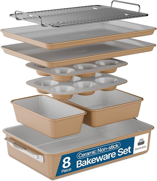 Bakken 8-Piece Stackable Bakeware Set – Ceramic Non-Stick, Oven-Safe Baking Sheets & Pans, PTFE/PFOA/PFOS-Free, Ergonomic Handles, Includes Cooling Rack – Healthy, Non-Toxic Baking Essentials