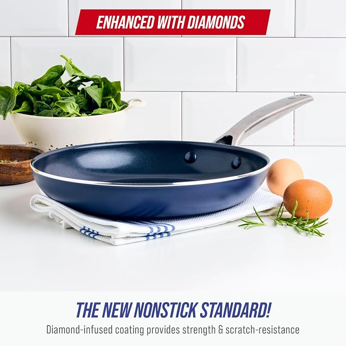 Blue Diamond 10" Nonstick Frying Pan Skillet, Diamond Infused PFAS & PTFE-Free Ceramic Pot, Dishwasher & Oven Safe, Stay Cool Handle, Durable Non Toxic Metal Utensil Safe, Egg & Omelet Pan, Blue