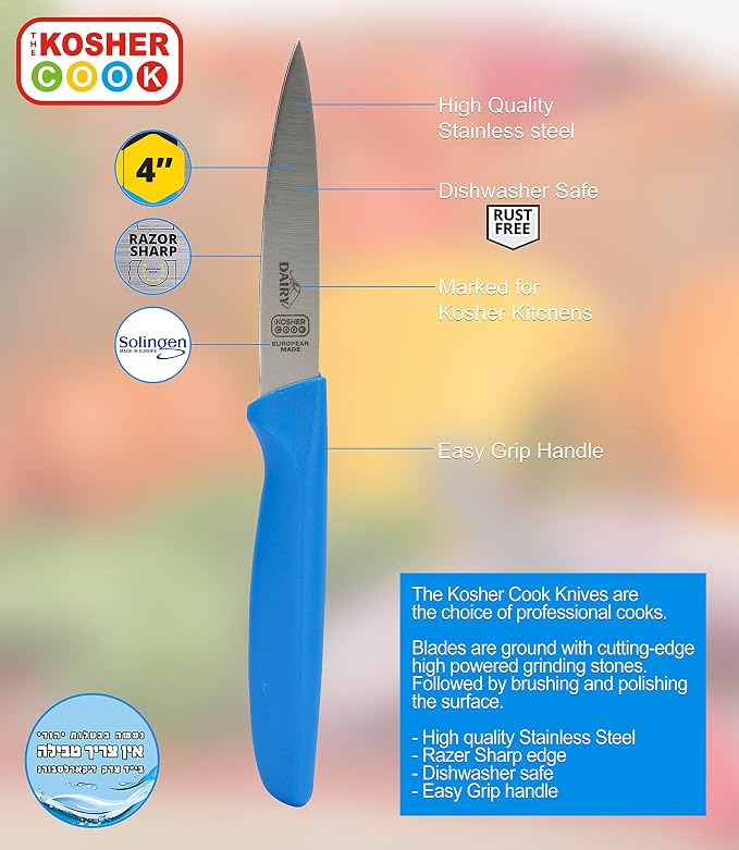 The Kosher Cook Diary Blue Kitchen Knife - 4" Steak and Vegetable Knife - Razor Sharp Pointed Tip, Straight Edge - Color Coded Kitchen Tools