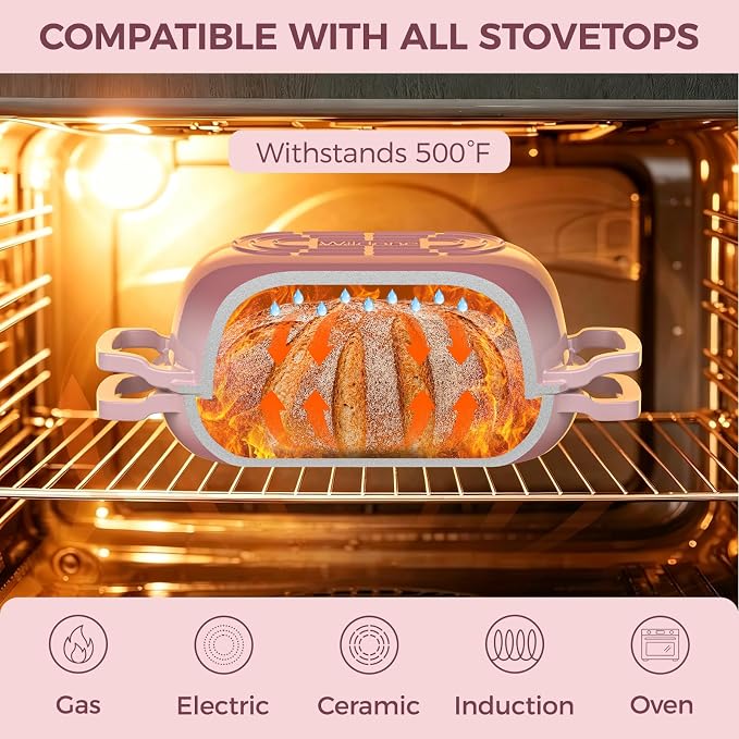 Enameled Cast Iron Sourdough Bread Oven, Wildone 5.5QT Cast Iron Dutch Oven for Homemade Bread Baking, Bread Pan with Lid & Cotton Potholders, Pink