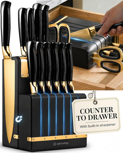 Black and Gold Knife Set - Knife Set with Magnetic Block, Knife Set with Block and Sharpener, Space Saving Convertible In Drawer Knife Block, German Stainless Steel Kitchen Knives