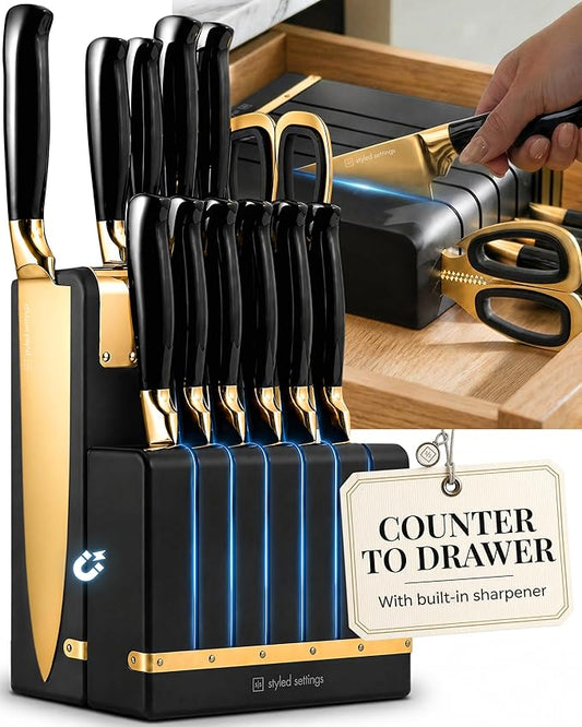 Black and Gold Knife Set - Knife Set with Magnetic Block, Knife Set with Block and Sharpener, Space Saving Convertible In Drawer Knife Block, German Stainless Steel Kitchen Knives