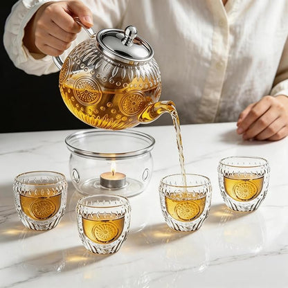 Amzcku 50OZ/1500ml Vintage Glass Teapot Set with 4 Cups, Teapot Set with Removable Infuser Stovetop Safe, Borosilicate Glass Tea Kettle for Blooming & Loose Leaf Tea