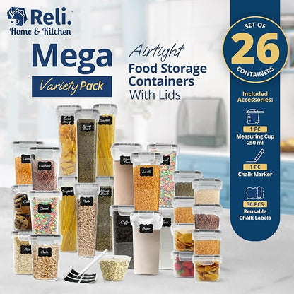 Reli. Airtight Food Storage Containers with Lids (26 Sets) | Kitchen Organizers and Storage Pantry Organizers | BPA Free Plastic Food Containers | Mega Variety Pack w/Measuring Cup, 30 Labels, Pen
