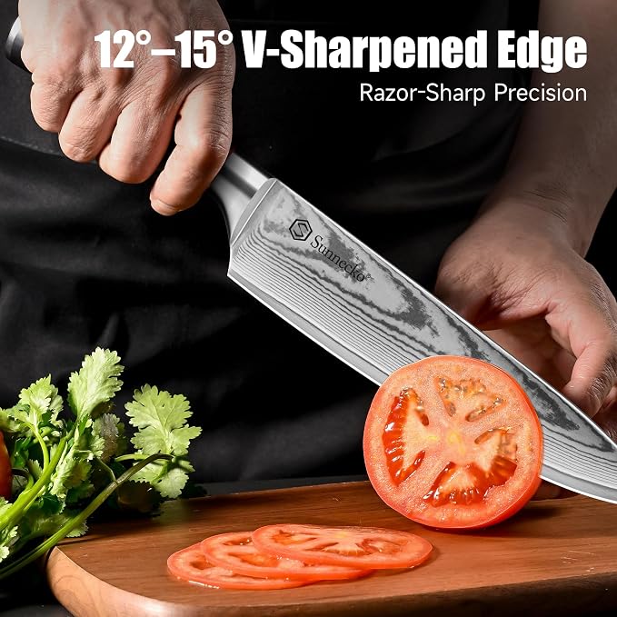 Sunnecko 8 Inch Chef Knife, Japanese Damascus VG10 Professional Kitchen Blade for Meat Vegetable Slicing, Ultra Sharp Cooking Tool with Manual Sharpener & Gift Box Packaging, Multi-purpose Chefs Knife