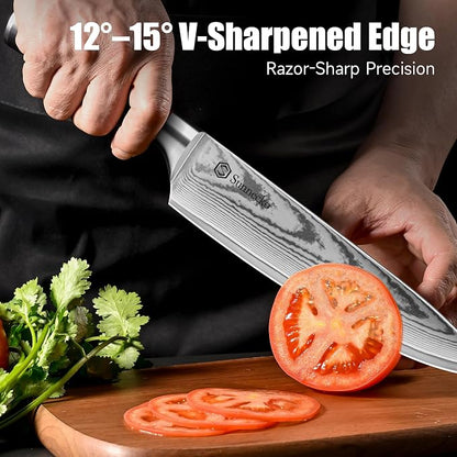 Sunnecko 8 Inch Chef Knife, Japanese Damascus VG10 Professional Kitchen Blade for Meat Vegetable Slicing, Ultra Sharp Cooking Tool with Manual Sharpener & Gift Box Packaging, Multi-purpose Chefs Knife