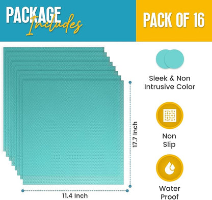Refrigerator Liners for Shelves (16 Pack) by Linda’s Essentials - Non-Adhesive Shelf or Drawer Liner, BPA-Free Fridge Mats for Kitchen & Cabinets, Easy to Clean, Ideal Household Essentials (Blue)