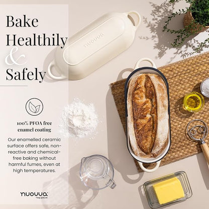 Enamelled Cast Iron Bread Loaf Pot – Dutch Oven For Sourdough Bread Baking – Oven Safe Non Stick Bread Pot – Rectangular, Cream, 34cm x 16cm – by Nuovva