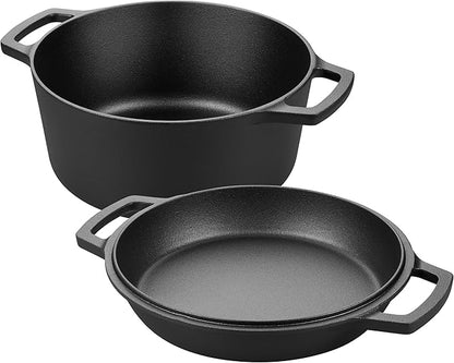 VORRINGARD Pre-seasoned Cast Iron Double Dutch Oven Pot with Skillet Lid, Dual-handle, for Bread Baking, Outdoor, Campfire Cooking, 5 Quart