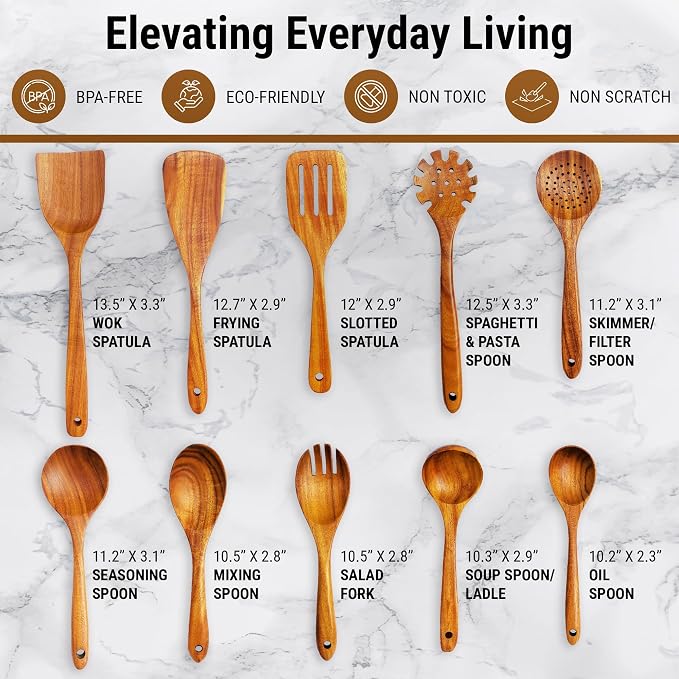 DADU BADU Teak Wooden Utensil Set of 10 – Non-Toxic Cooking Spoons & Spatulas for Nonstick Pans – Includes Pasta Spoon, Ladle, Skimmer – Premium Wood Kitchen Gift Set with Holder