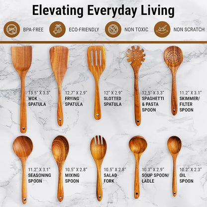 DADU BADU Teak Wooden Utensil Set of 10 – Non-Toxic Cooking Spoons & Spatulas for Nonstick Pans – Includes Pasta Spoon, Ladle, Skimmer – Premium Wood Kitchen Gift Set with Holder