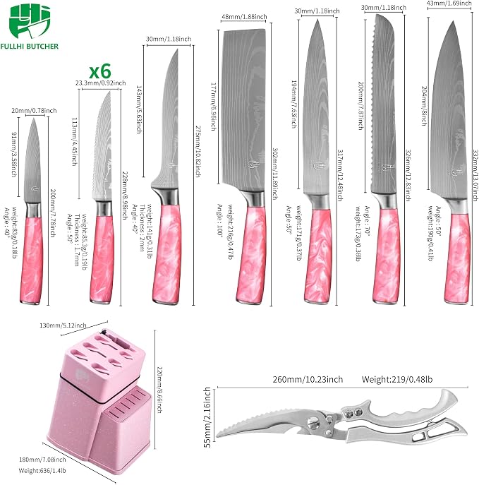 FULLHI 14pcs Block Knife Set, Chef's Knife Steak Knives Set with Block and Sharpener, Kitchen Knife Set, Multi-colour Handle, Gifts for Men Women