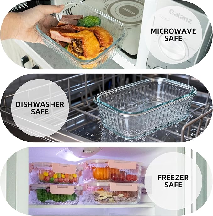 Glass Meal Prep Containers 10 Pack with Striped Pattern - For Food Meal Storage, Microwave Dishwasher Oven Safe, Airtight Lids for Meal Prep Sunday Gym Work - 5×33 Oz + 5×12 Oz