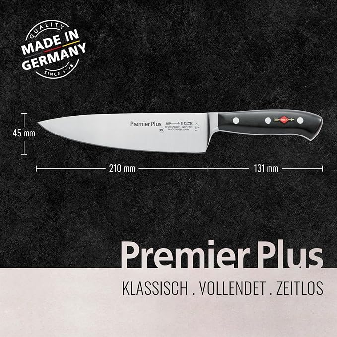 F. DICK – Premier Plus Chef Knife - Classic kitchen knife with 8.3" blade & 56 HRC - Ideal for meat & vegetables - Ultra sharp - Stainless steel - Ergonomic handle - High carbon - Made in Germany