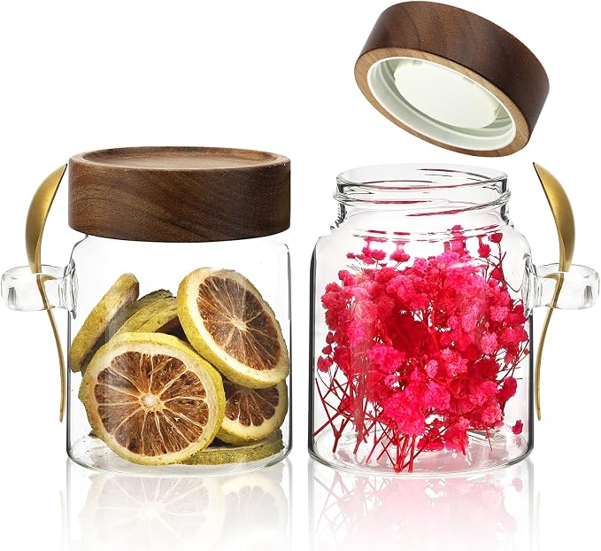 10 oz Glass Jars Set of 2, Spice Jar Round Storage Canister with Airtight Wooden Lid Clear Glass Food Jar for Pantry Sugar Tea Coffee Bean Spice Cookies Bath Salts (10oz/300ml-2 pack-with spoon)