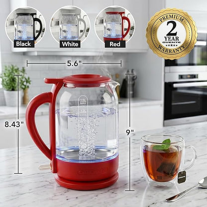 OVENTE Electric Kettle with 1.5L Borosilicate Glass, 1500W Fast Boiling Water Heater for Coffee or Tea, Easy to Fill Lid, Auto Shut-Off, Boil-Dry Protection & Stainless Steel Filter, Red KG516R