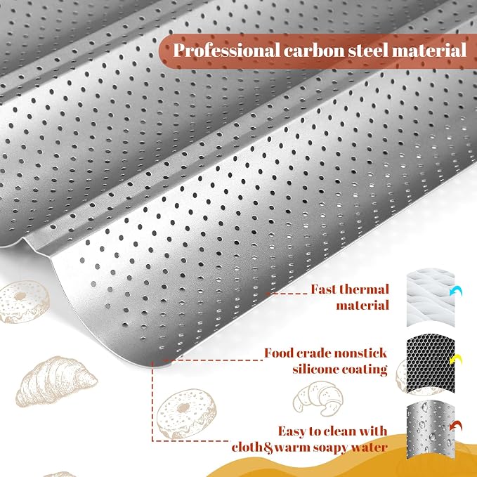 Mifoci 6 Pcs Baguette Bread Pan Nonstick Perforated Baguette Pan 15" x 13" Carbon Steel Mold 4 Wave Loaves Loaf Oven Tray for Sourdough French Bread Baking(Silver)