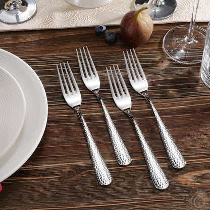 KEAWELL Premium 8-Piece Louise Hammered Fork Set, 18/10 Stainless Steel, Fine Fork Set with Round Edge, Brightly-Mirror polished, Dishwasher Safe. (8, 8" Dinner Forks)