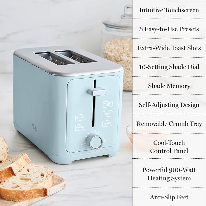 Martha Stewart 2 Slice Toaster, 10 Shade Settings with Defrost, Cancel, Bagel & Gluten-Free, Extra-Wide Self-Centering Slots for Waffles & Artisan Bread, Removable Crumb Tray, Cord Wrap, Sky Blue