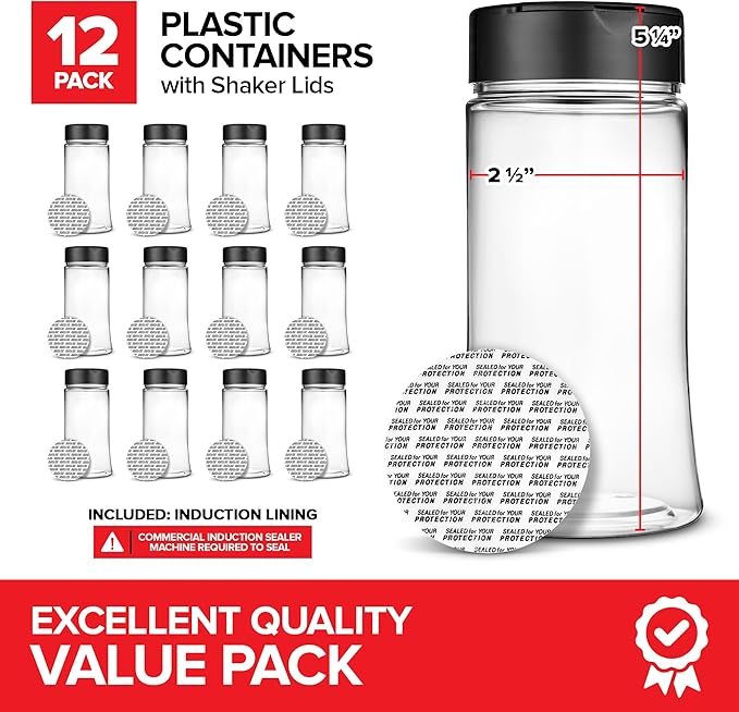 12 Pack 9.5 oz Plastic Spice Jars, Empty Seasoning Containers for Homemade Rub, Spices, Glitter, and More, Small Spice Containers with Black Shaker Lids and Heat-Induction Liner, Clear Spice Jars