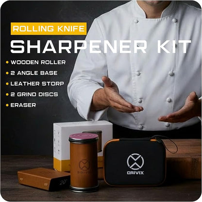 Rolling Knife Sharpener Kit – Magnetic 2-Angle Base, 3.86 Inches Longer Wooden Roller, 2 Grit Discs (600 Diamond & 3000 Ceramic) and Leather Strop