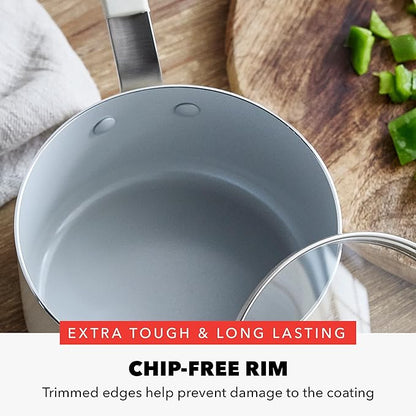 GreenPan x Bobby Flay 1.67QT Nonstick Saucepan with Glass Lid, PFAS-Free Diamond Ceramic, Induction Suitable, Stay-Cool Silicone Handle, Easy Clean Dishwasher & Oven Safe, Chef Pan, Cream