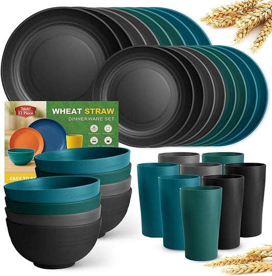 Teivio 32-Piece Kitchen Plastic Wheat Straw Dinnerware Set, Service for 8, Dinner Plates, Dessert Plate, Cereal Bowls, Cups, Unbreakable Colorful Plastic Outdoor Camping Dishes,Coastal