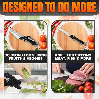 2 in 1 Cutting Board Scissors for Food - 9.6" Detachable Cheese Scissors with Cutting Board and Stainless Steel Blade - Easy-to-Use Veggie Cutter, Suitable for Fruits and Vegetables at Dad's Party