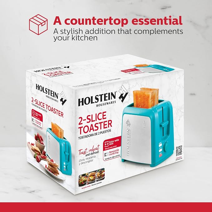 Holstein Housewares 2-Slice Toaster with 7 Browning Settings, Extra-Wide Slots, Reheat, Defrost, Cancel, High-Lift Release, Removable Crumb Tray – Compact Stainless Steel, Teal