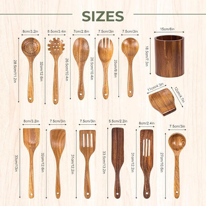 Vasilek Wooden Utensil Set XXl – 13 Piece Acacia Wood Cooking Tools with Round Holder for Nonstick Cookware with Holder & Spoon Rest – Wooden Spoons for Cooking, Spatula, Spurtle
