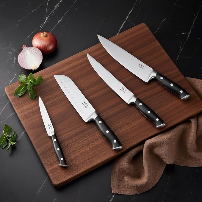 WANGMAZI 15 Pcs Knife Set with Block, High Carbon Stainless Steel Knife Block Set, Built-in Sharpener Block, Dishwasher Safe Kitchen Knife Set, Ergonomic Anti-Slip Handle, Black Pro