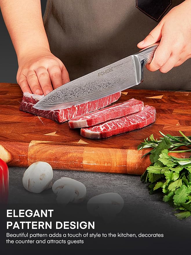 Knife Set, FOHERE 14 Pieces Kitchen Knife Set with Built-in 5 x Sharpeners, Waved Texture Knife Set with Block, Stainless Steel Knife Block Set, Sharp Knives Set with Ergonomic Handle