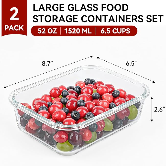 GEHE 2 Pack 52oz Large Glass Food Storage Containers with Lids, Meal Prep Container, Glass Storage Containers with Airtight Lids for Baking, Storing, Microwave/Freezer/Dishwasher Safe, BPA Free