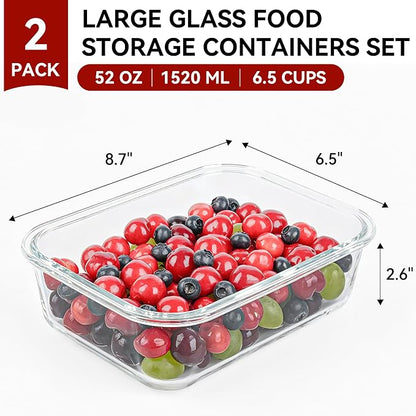 GEHE 2 Pack 52oz Large Glass Food Storage Containers with Lids, Meal Prep Container, Glass Storage Containers with Airtight Lids for Baking, Storing, Microwave/Freezer/Dishwasher Safe, BPA Free