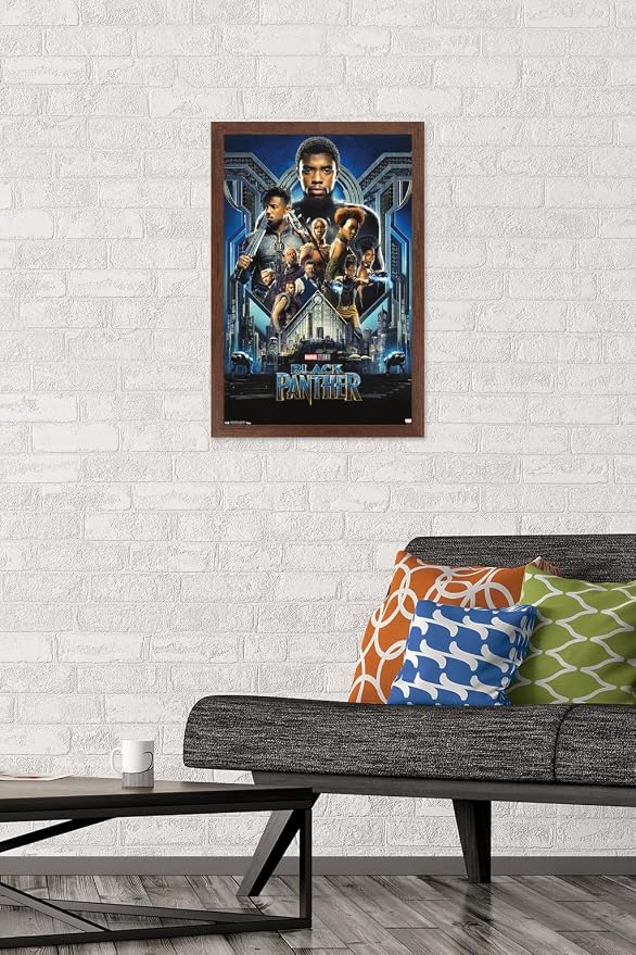 Trends International Marvel Cinematic Universe - Black Panther - Group One Sheet Wall Poster, 14.725" x 22.375", Mahogany Framed Version