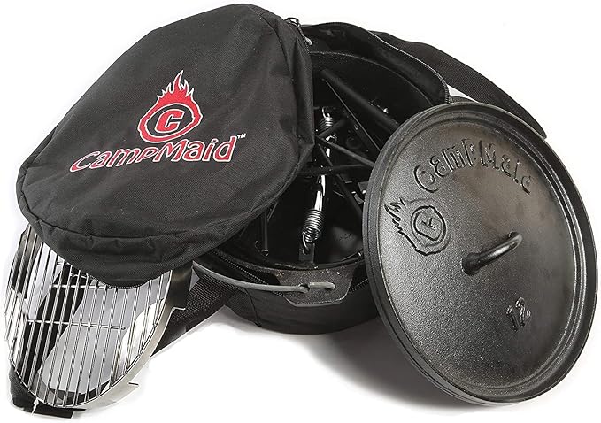 CampMaid Outdoor Cooking Set - Dutch Oven and Tools Set - Charcoal Holder & Cast Iron Grill Accessories - Camping Grill Set - Outdoor Cooking Essentials - Camp Kitchen Equipment - (6 Piece Set)