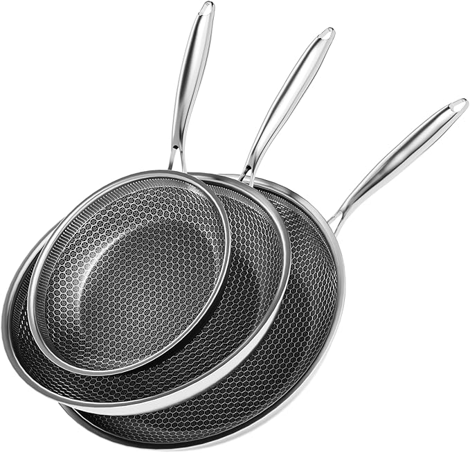 Nonstick Frying Pan Set, 8+10+12 Inch, Honeycomb Stainless Steel Skillet Pans Set, PFOA-Free Scratch-Proof, Dishwasher & Oven Safe, Compatible with All Cooktops