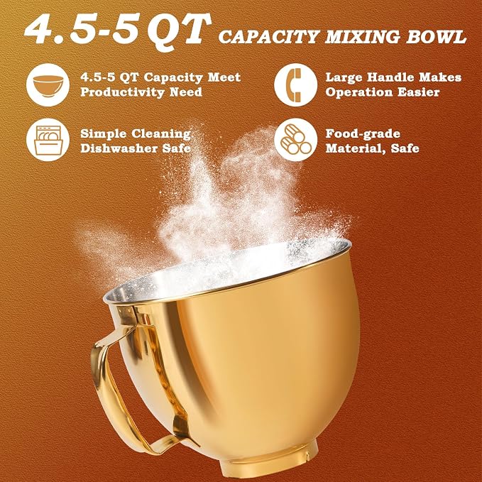 5 Quart Mixing Bowl for KitchenAid Stand Mixers, Food-Grade Stainless Steel Bowl with Handle & Clasp, Compatible with Tilt-Head 4.5–5 Qt Models – Fits K45, K45SS, KSM75, KSM150, KSM95 (Gold, 5QT)