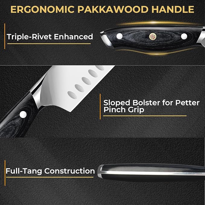 DiiHAUZZ Chef Knife, 7 Inch Ultra Sharp Japanese Santoku Knife, High Carbon Steel Forged Professional Kitchen Knife with Full Tang Triple-Riveted Ergonomic Handle for Slicing, Chopping, Dicing
