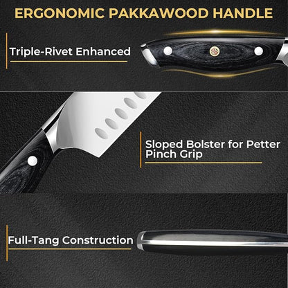 DiiHAUZZ Chef Knife, 7 Inch Ultra Sharp Japanese Santoku Knife, High Carbon Steel Forged Professional Kitchen Knife with Full Tang Triple-Riveted Ergonomic Handle for Slicing, Chopping, Dicing
