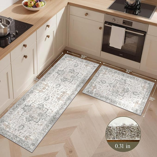 GENIMO Kitchen Rugs Non Slip Washable, 2PCS Kitchen Mats for Floor, Cushioned Standing Mat, Kitchen Runner Rug Floor Mat for Kitchen Decor, Laundry, Sink, Home, 20"x32"+20"x59", Light Taupe Brown