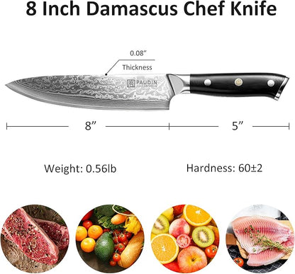 PAUDIN Damascus Chef Knife, 8 Inch Kitchen Knife, 67 Layers Damascus Steel Knife Japanese VG10 Core, Non-slip Ultra Sharp Chefs Knife with Ergonomic G10 Handle