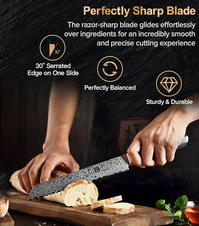 XINZUO Bread Knife 8 Inch,Professional Damascus Serrated Knife for Homemade Bread,Razor Sharp,Wide Wavy Edge for Bread, Bagels,Pizza and Cake, Gift Box Package