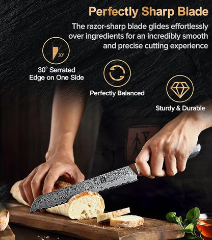 XINZUO Bread Knife 8 Inch,Professional Damascus Serrated Knife for Homemade Bread,Razor Sharp,Wide Wavy Edge for Bread, Bagels,Pizza and Cake, Gift Box Package
