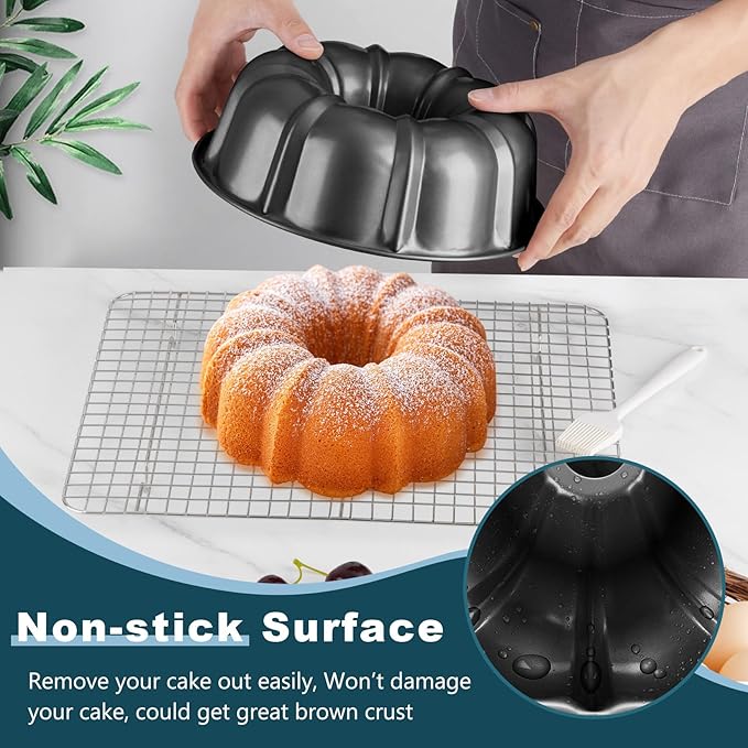P&P CHEF 10 Inch Gray Non-stick Cake Pan, Carbon Steel Fluted Tube Round Baking Pan for Pound Cake, 10-Cup Large Capacity Bakeware, Healthy & Heavy Duty, 2 Pieces